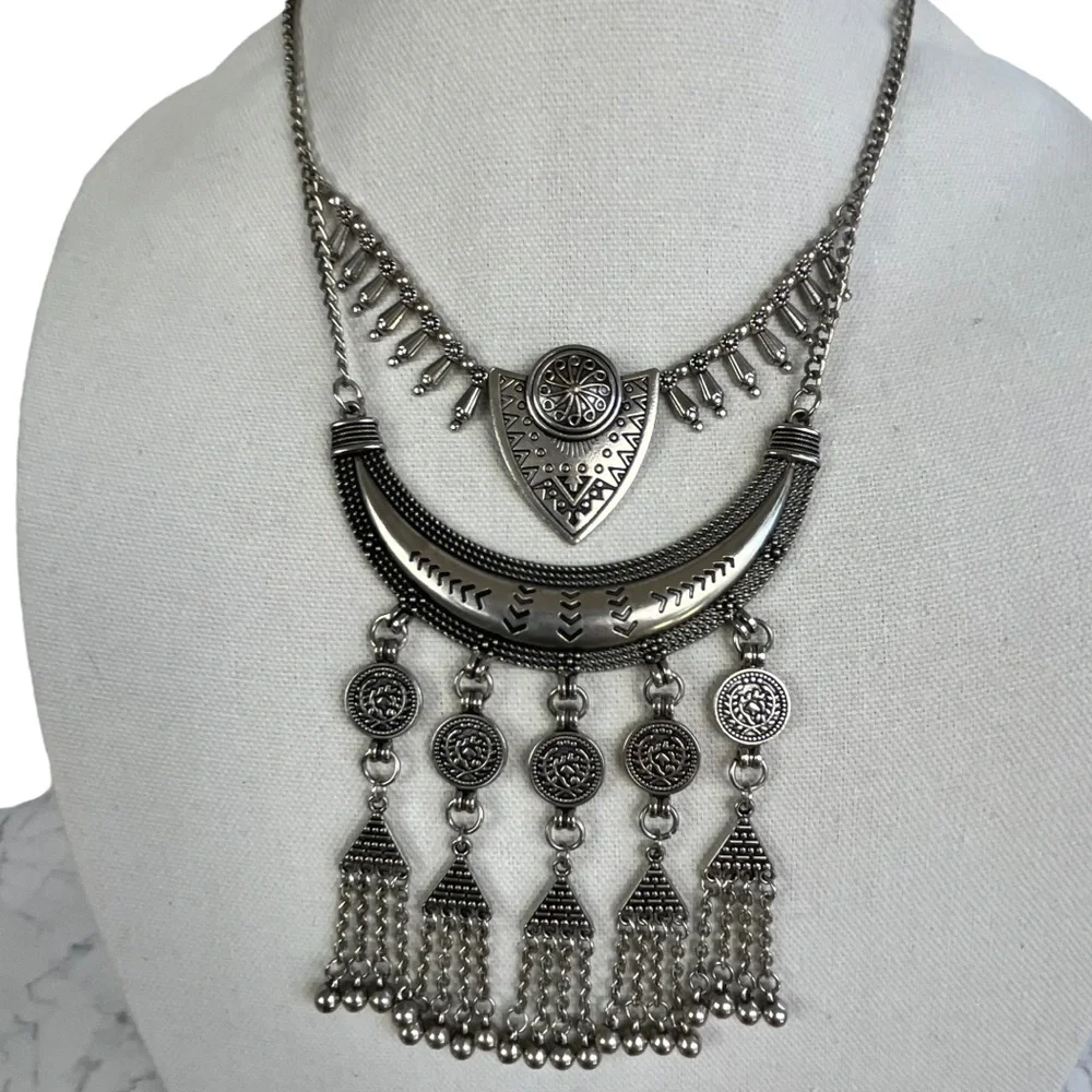 Southwestern Style Silver Toned Boho Statement Necklace